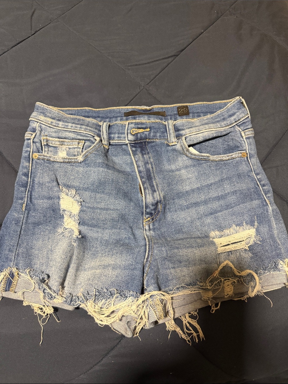 High-Rise Distressed Denim Jean Shorts in Light Blue